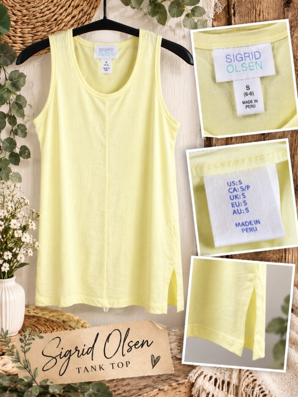 NWT Sigrid Olsen Pale Yellow Scoop Neck Tank Top - Size S